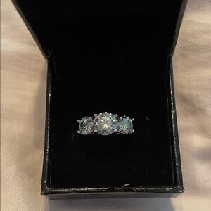 Rare Blue moissonite triple stone sterling silver ring!